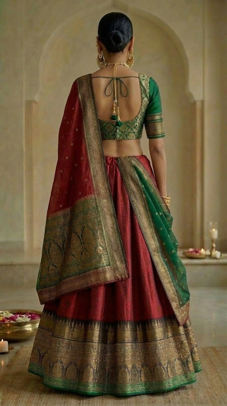 Crimson Red Silk Lehenga with Green Embroidered Blouse