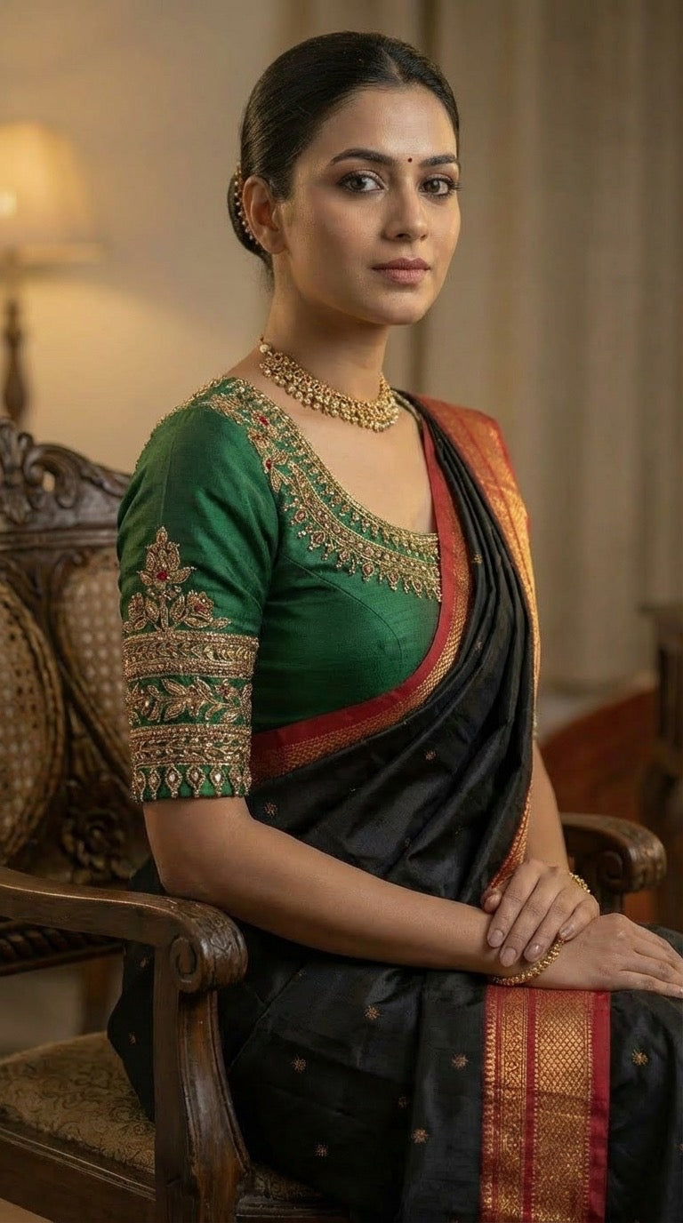 Emerald Green Silk Bridal Blouse with Gold Zari Embroidery