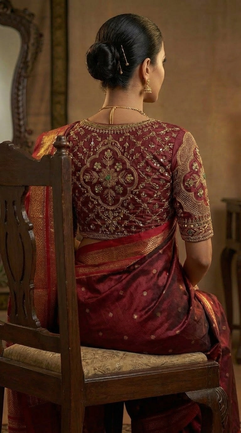 Deep Maroon Silk Bridal Blouse with Gold Zari Embroidery