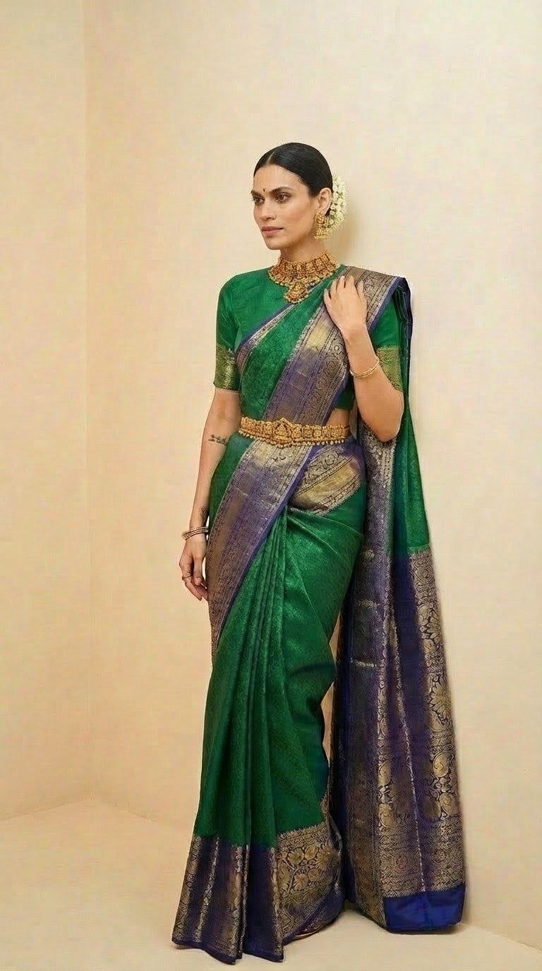 Emerald Green & Navy — Pure Zari Handloom Silk Saree
