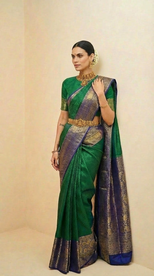 Emerald Green & Navy — Pure Zari Handloom Silk Saree