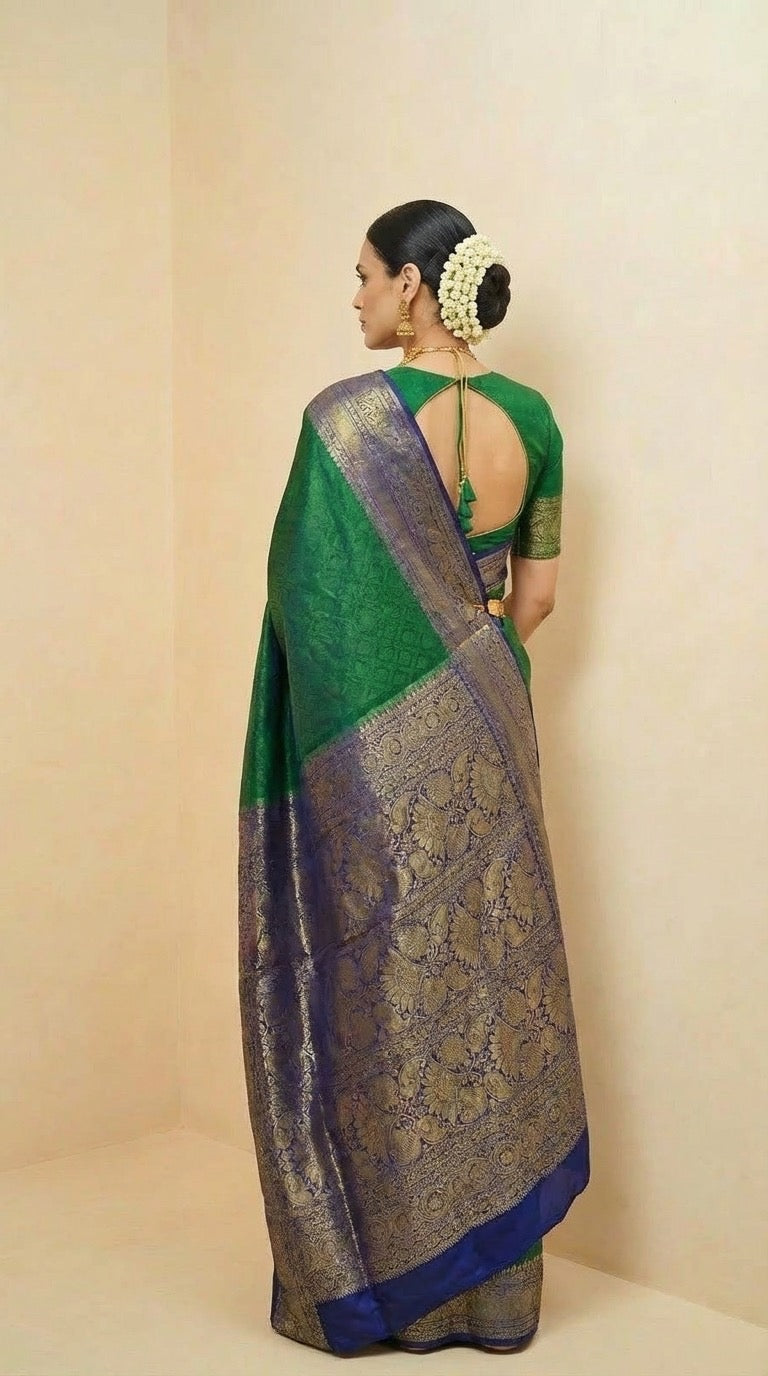 Emerald Green & Navy — Pure Zari Handloom Silk Saree