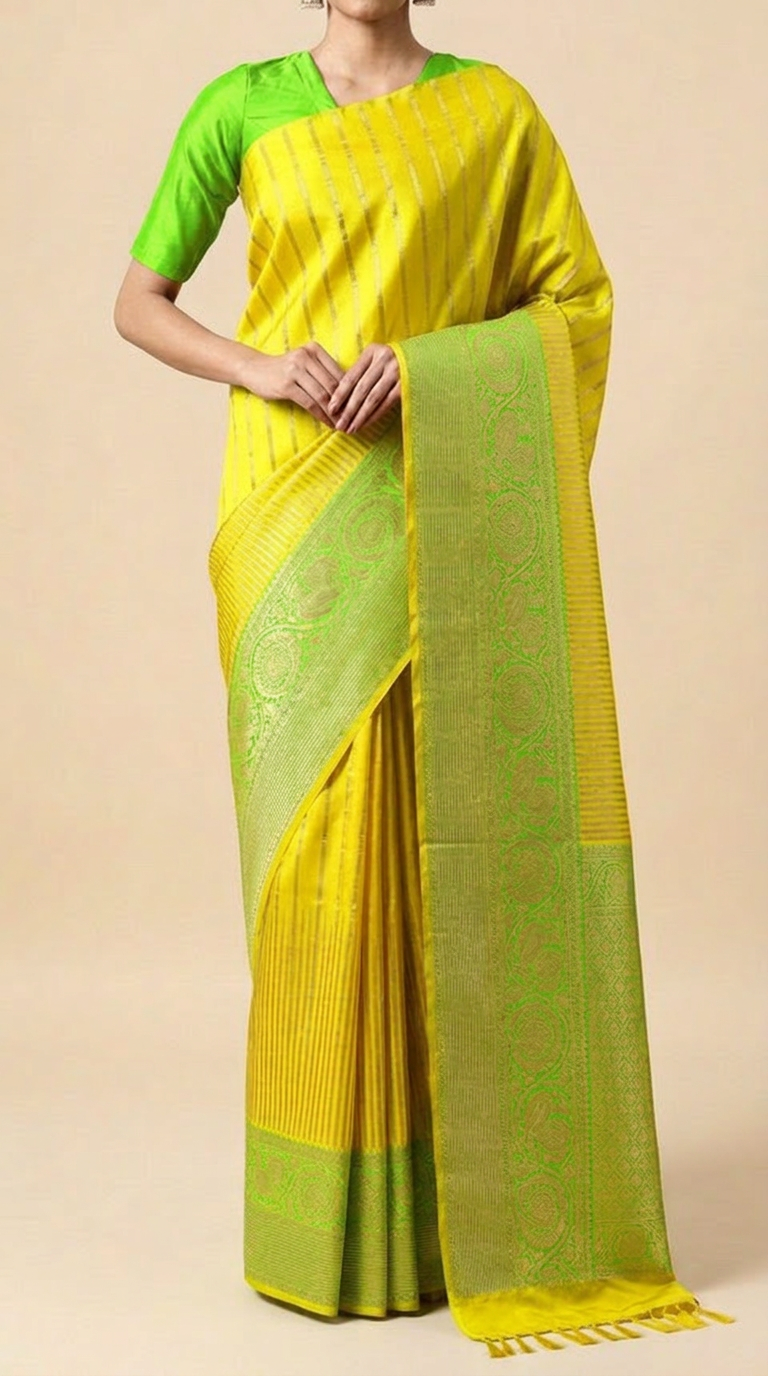 Neon Green Silk Saree with Neon Yellow Zari Border