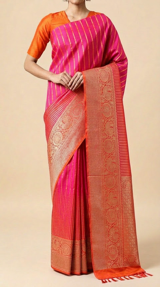 Pink Silk Saree with Orange Zari Border
