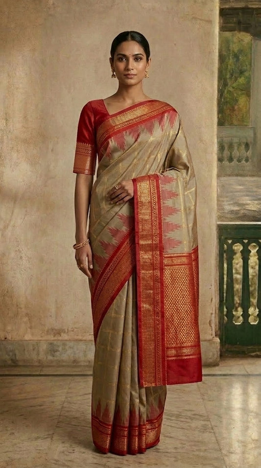 Ilkal Saree – Antique Gold & Vermilion Red