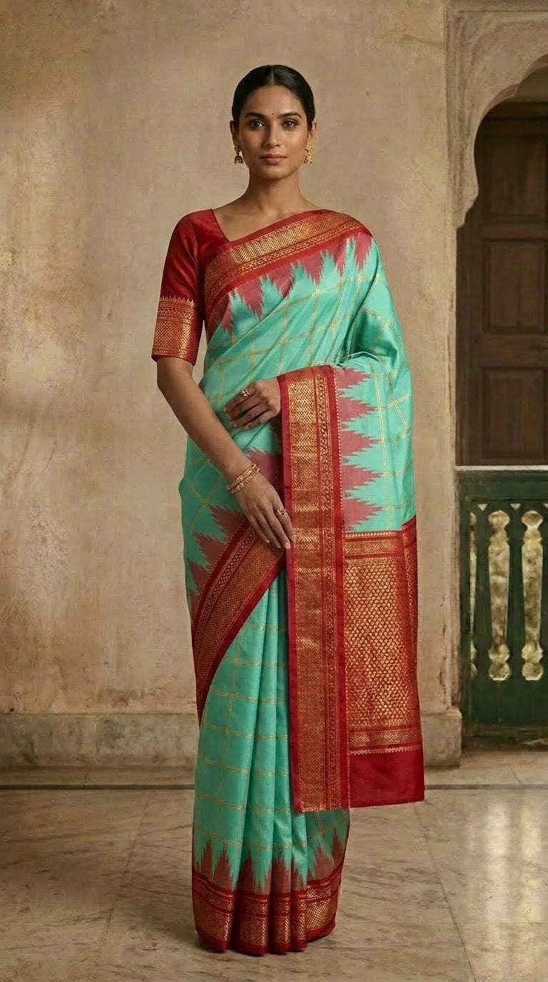 Ilkal Temple Tide – Aqua Vermilion