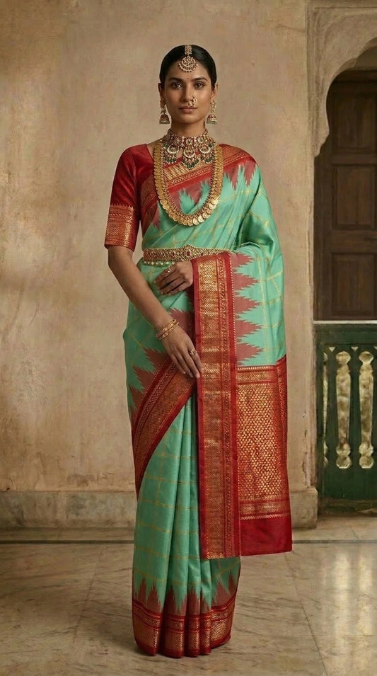 Ilkal Temple Tide – Aqua Vermilion