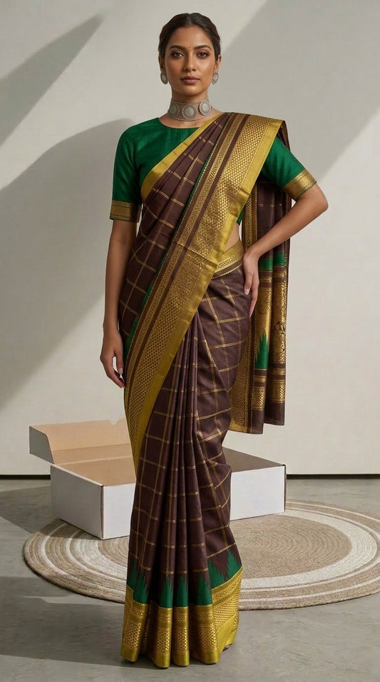 Ilkal Saree – Coffee & Gold