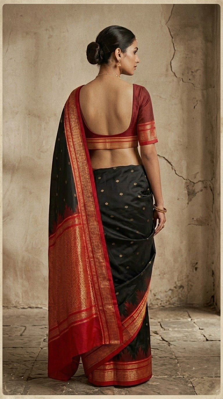 Ilkal Saree – Black & Vermilion Red