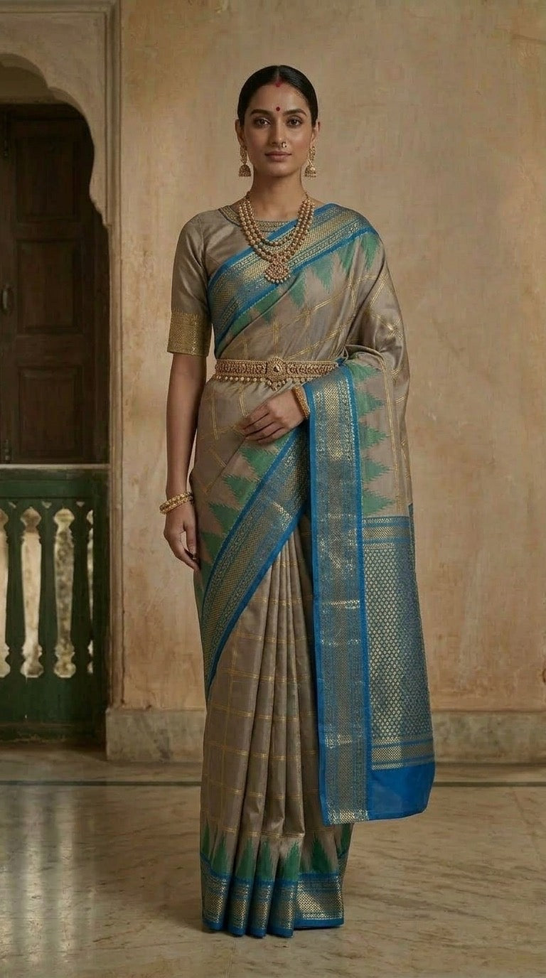Ilkal Saree – Grey & Blue