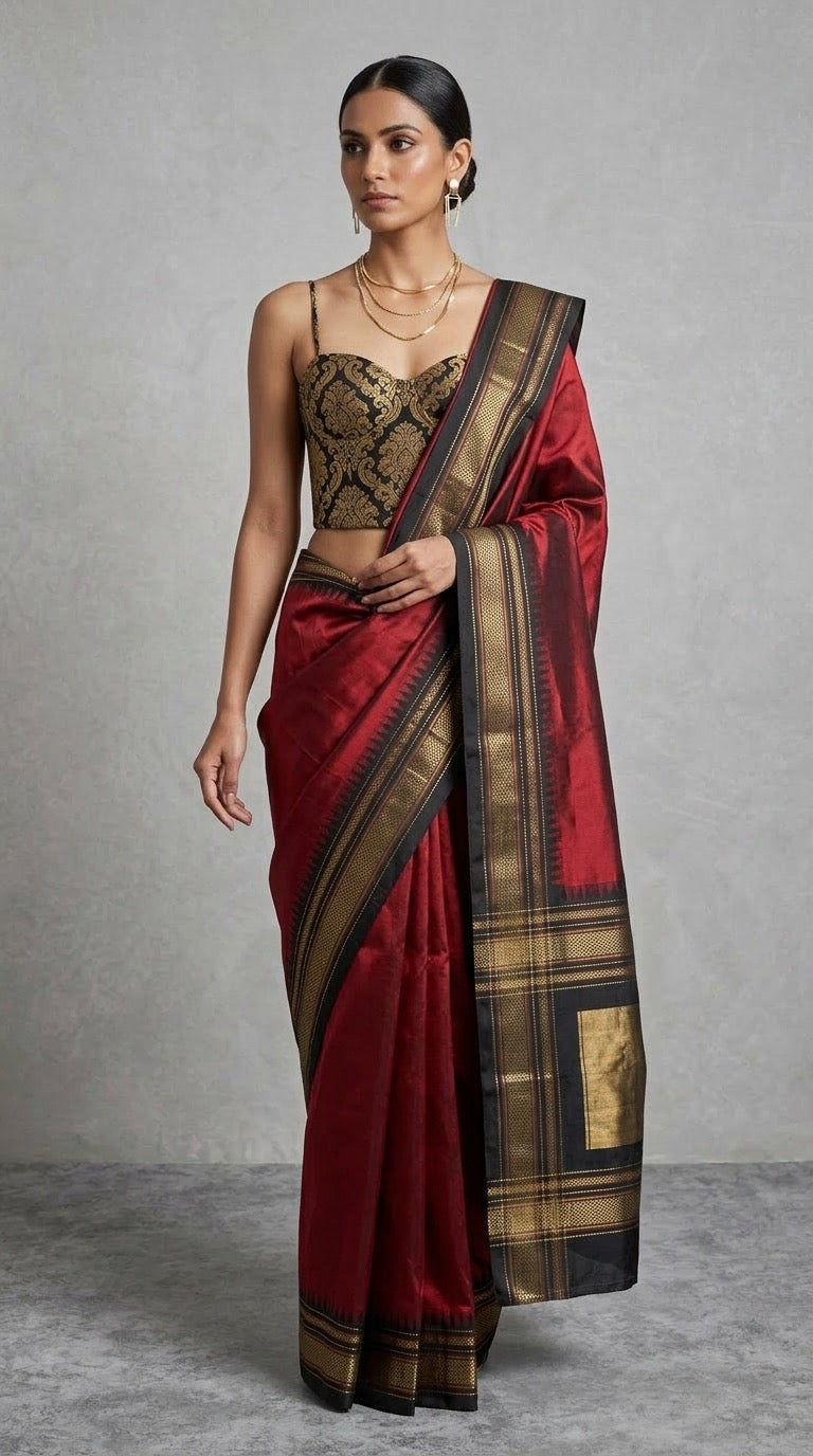 Ilkal Saree – Maroon Black & Vermilion Red