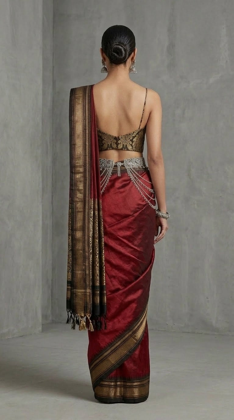Ilkal Saree – Maroon Black & Vermilion Red