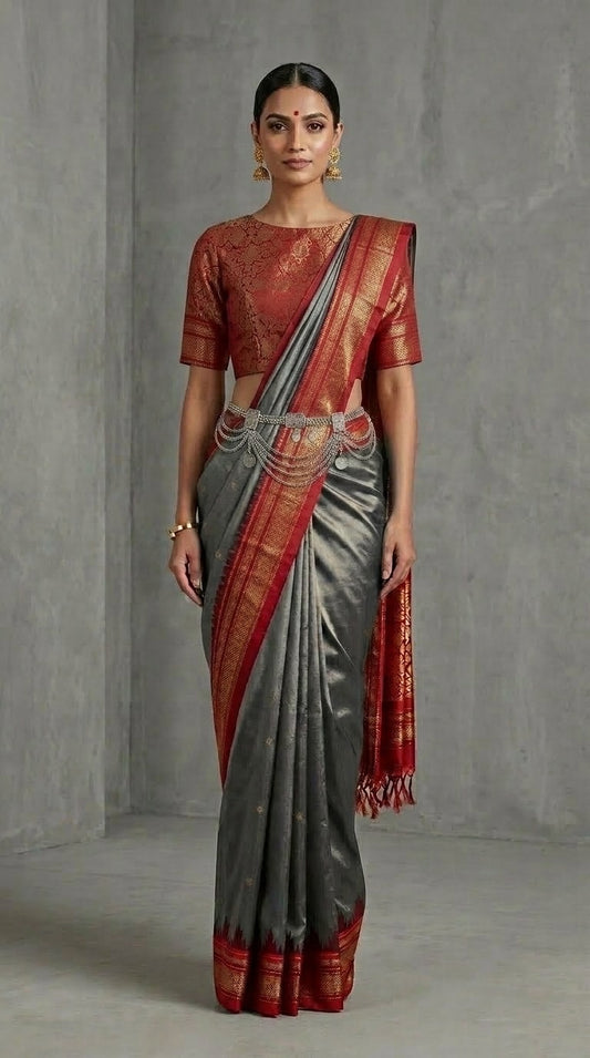Ilkal Saree – Grey Maroon & Vermilion Red