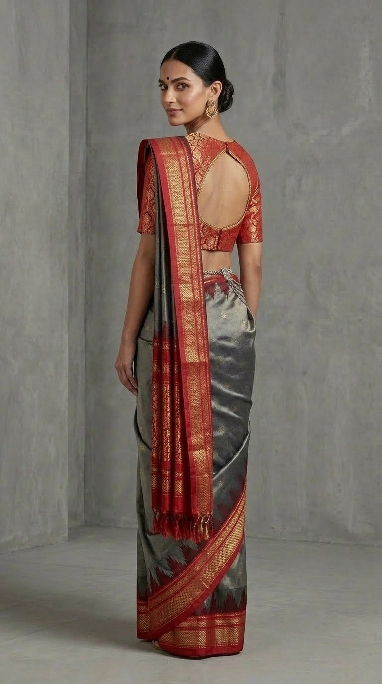 Ilkal Saree – Grey Maroon & Vermilion Red