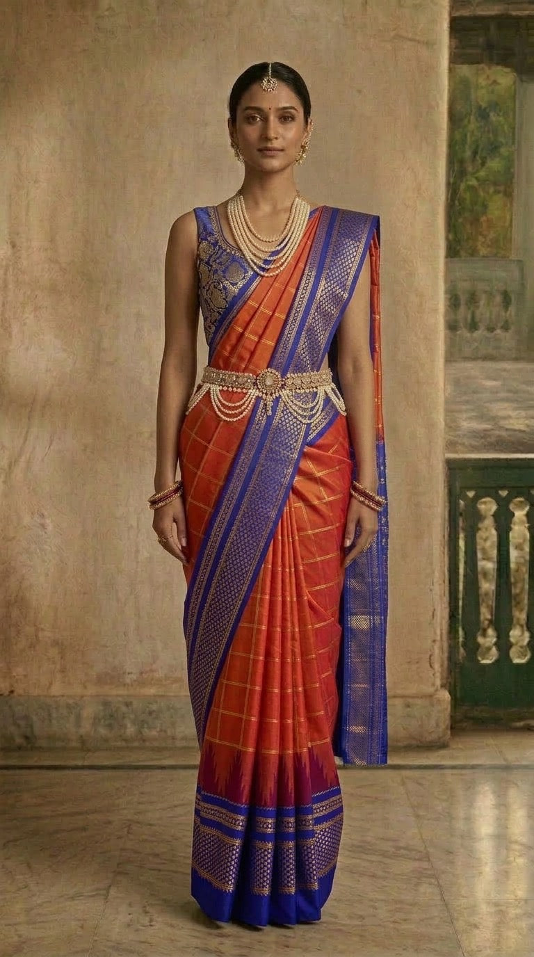 Ilkal Saree – Orange & Blue