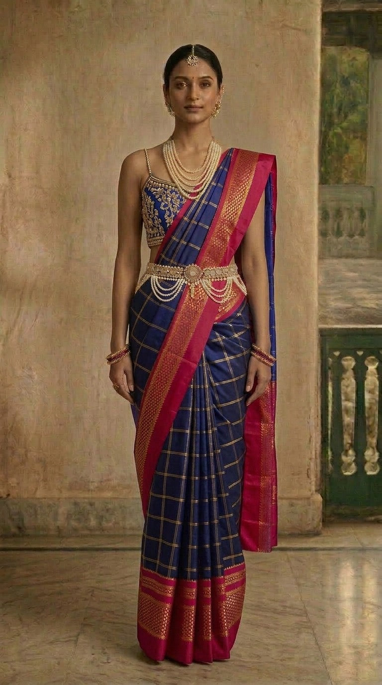 Ilkal Saree – Navy & Vermilion Red