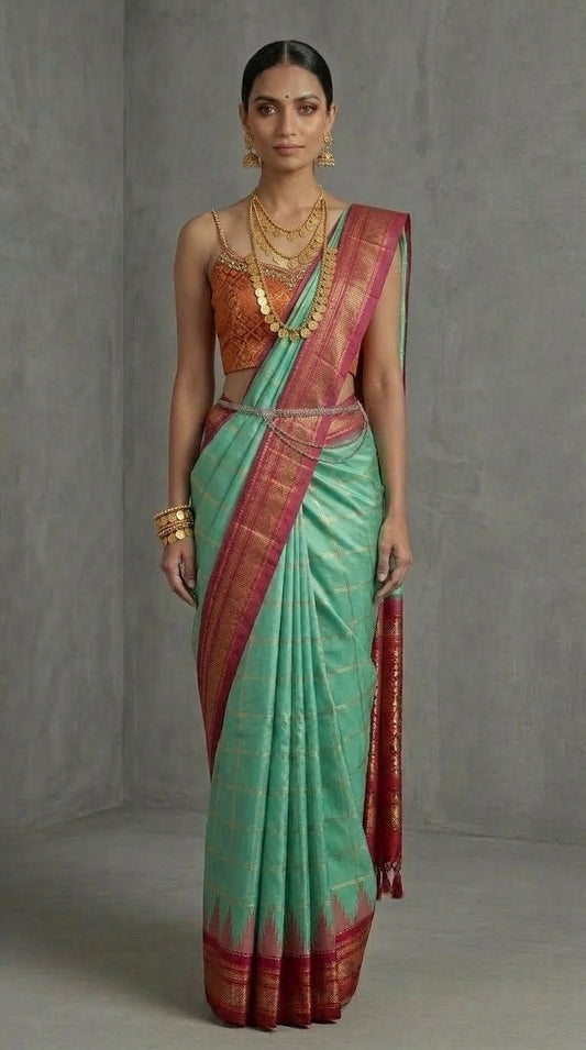 Ilkal Saree – Sea Green & Vermilion Red