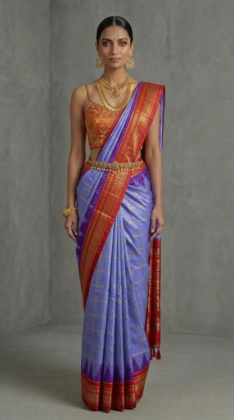 Ilkal Saree – Lavender & Vermilion Red