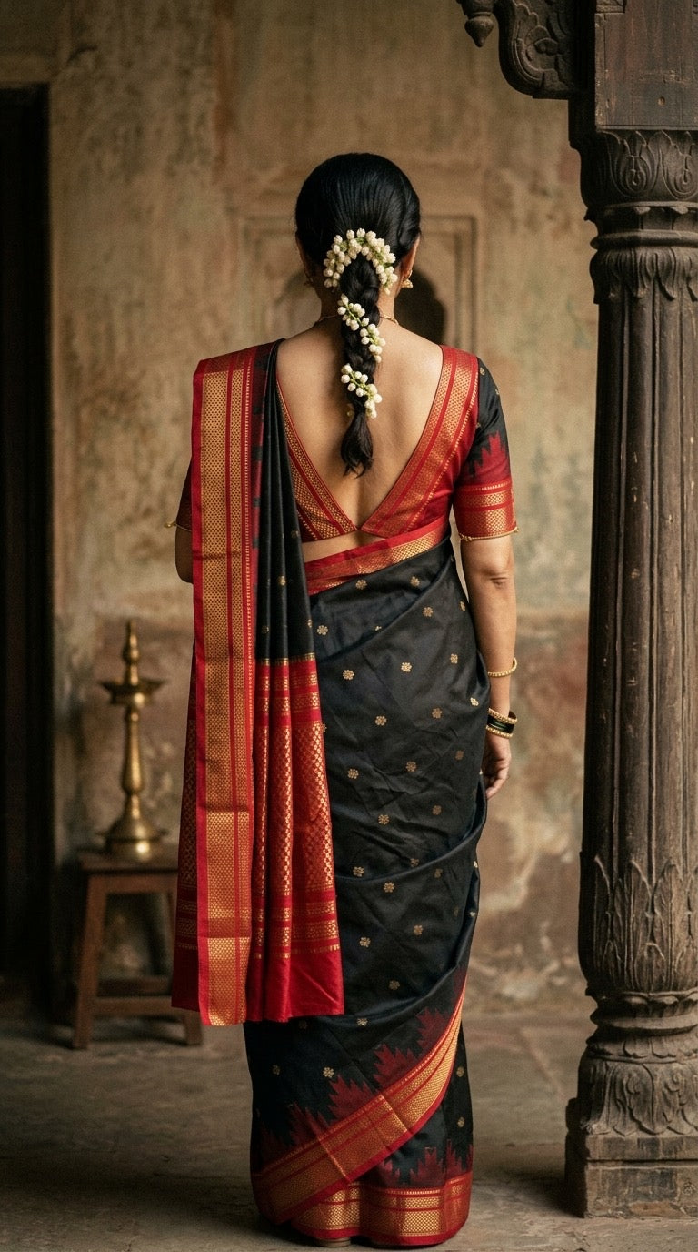 Ilkal Saree – Black & Vermilion Red