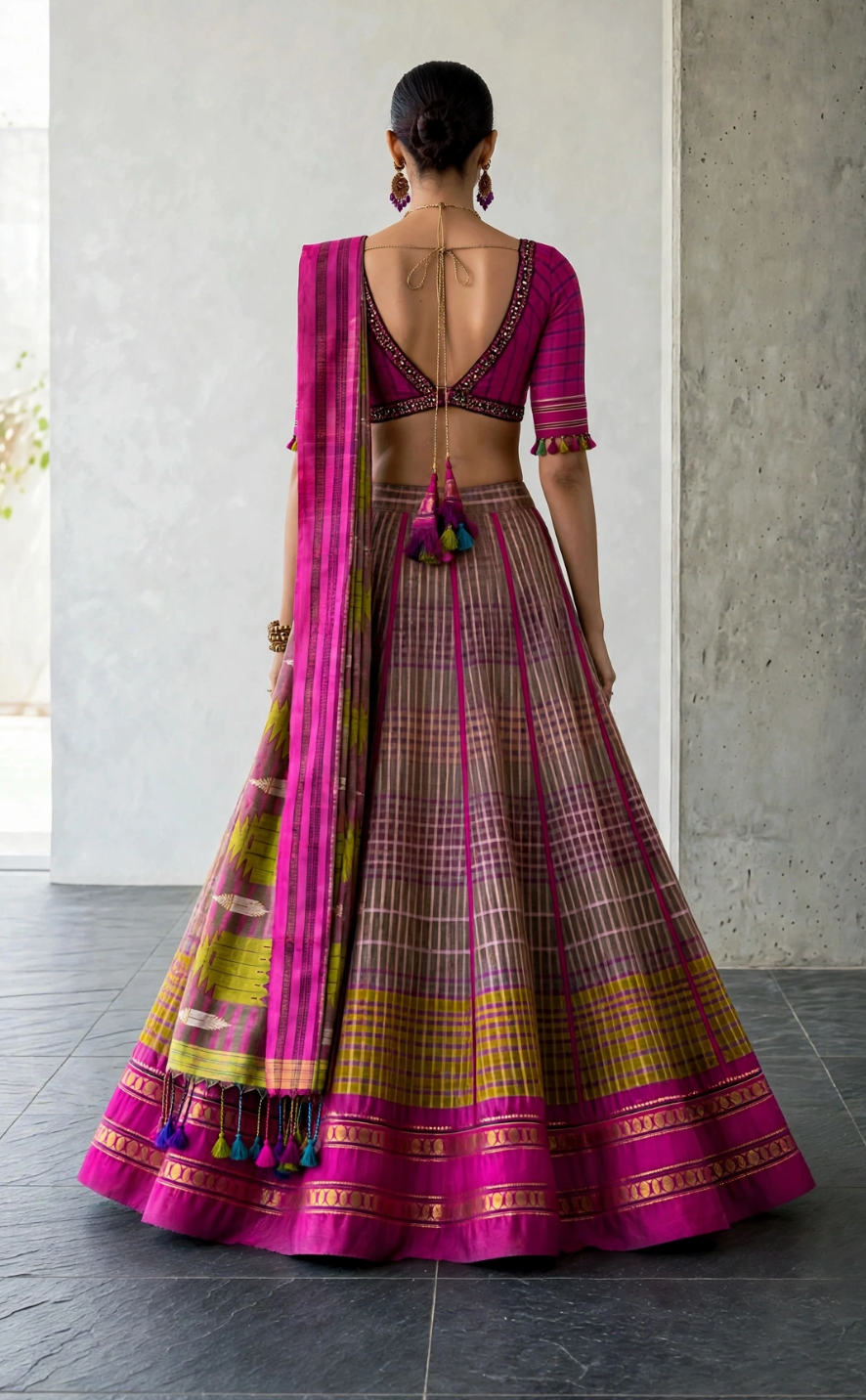 Back view of a checked lehenga with magenta border, deep-back blouse and colourful tassel ties