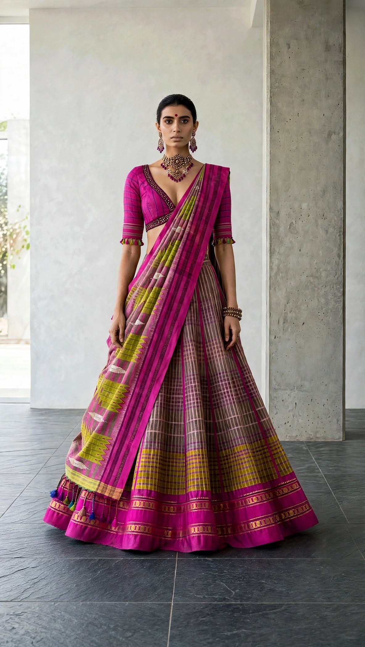Magenta & Olive Checked Lehenga