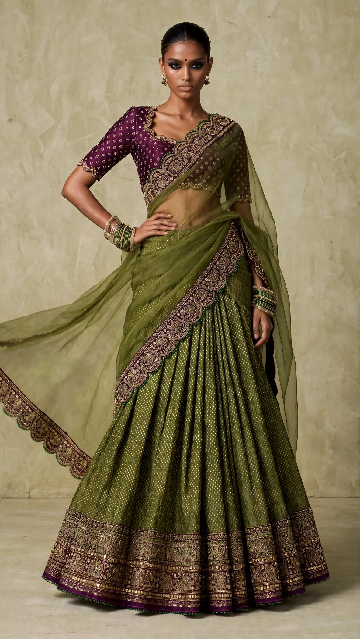 Front view of olive green lehenga with plum blouse and sheer bordered dupatta