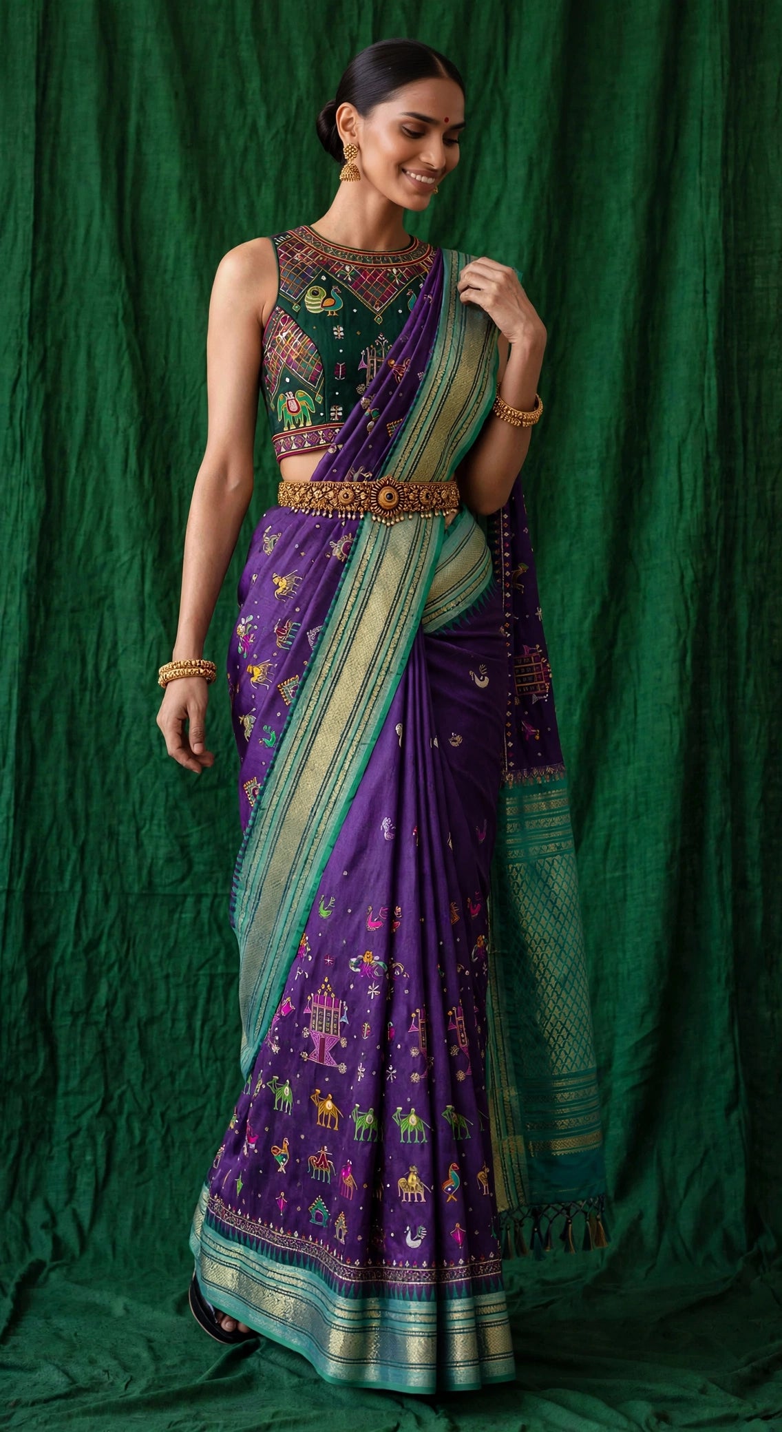 Model wearing royal purple Ilkal Kasuti handloom saree — candid walking portrait