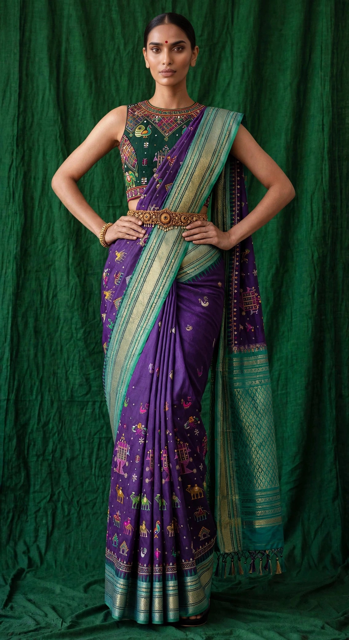 Full length view of royal purple Ilkal Kasuti saree with green backdrop