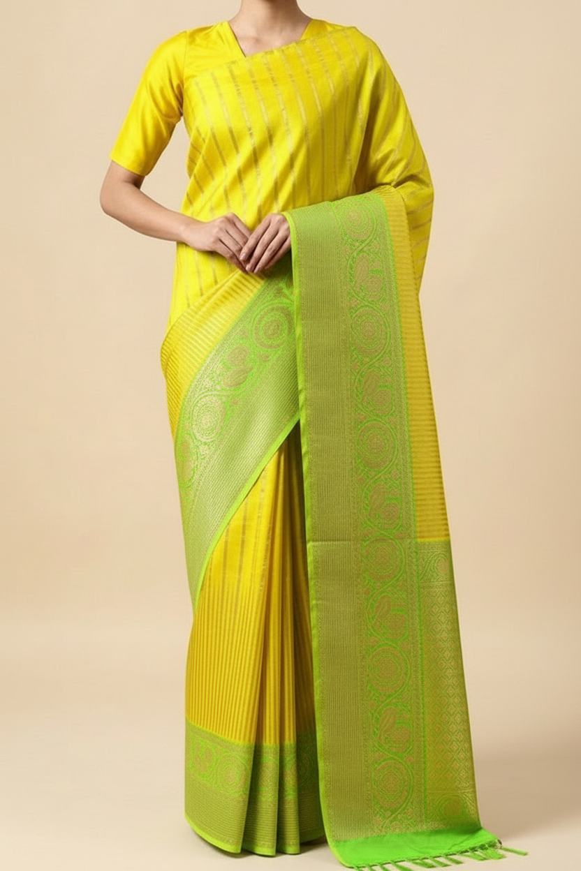 Neon Green Silk Saree with Neon Yellow Zari Border