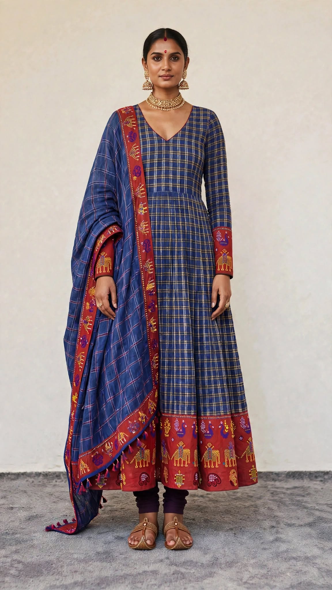 Indigo & Maroon Ilkal Handloom Anarkali with Hand Kasuti