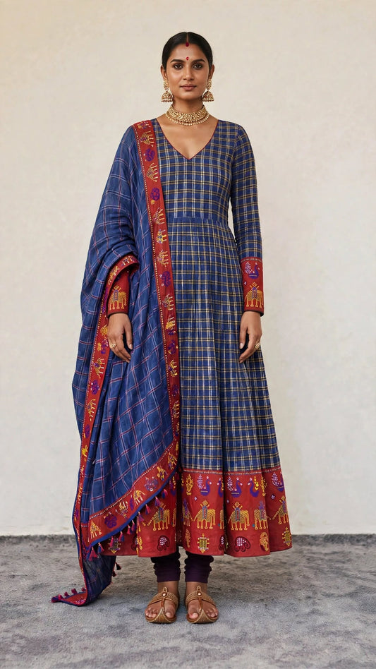 Indigo & Maroon Ilkal Handloom Anarkali with Hand Kasuti