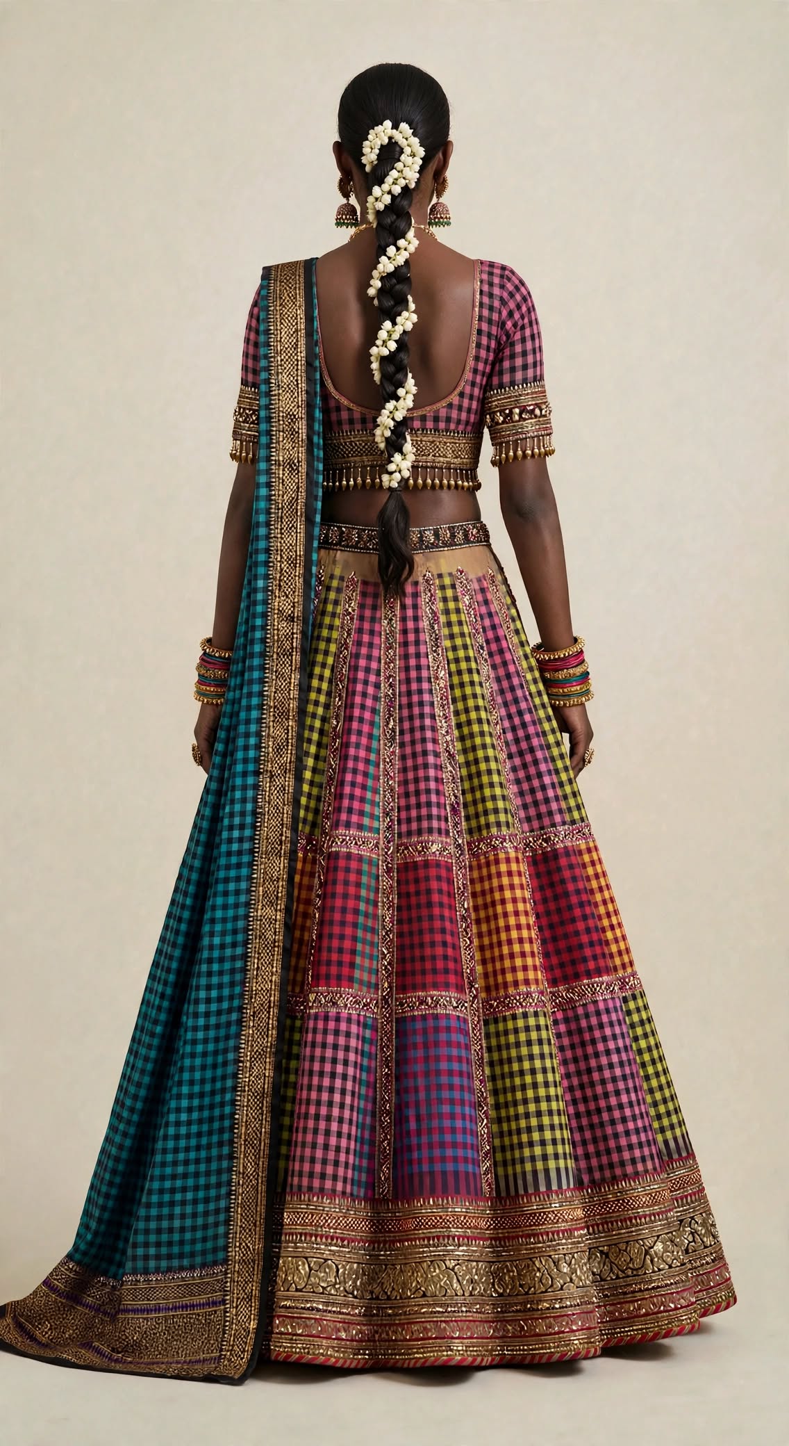Ilkal Checks Patchwork Lehenga with Peacock-Blue Ilkal Dupatta