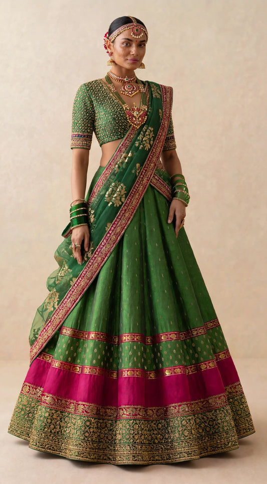 Green Molkalmuru Handloom Langa Dhavani Set