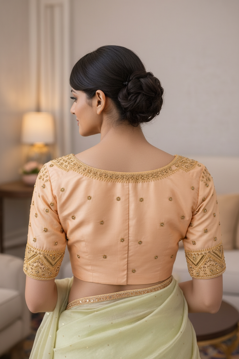 Peach Blouse with Light Green Saree - Back View with Center Stitch