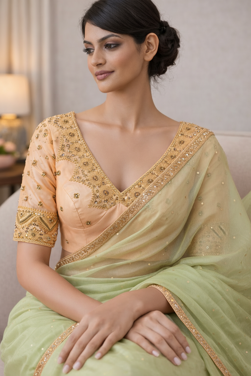 Peach Blouse with Light Green Saree - Half Body