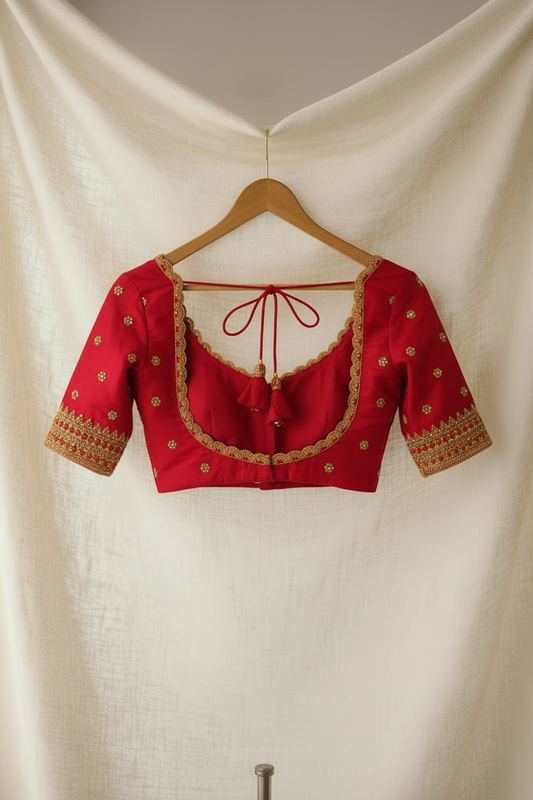 Red Embroidered Blouse Back on Hanger - Higher Opening