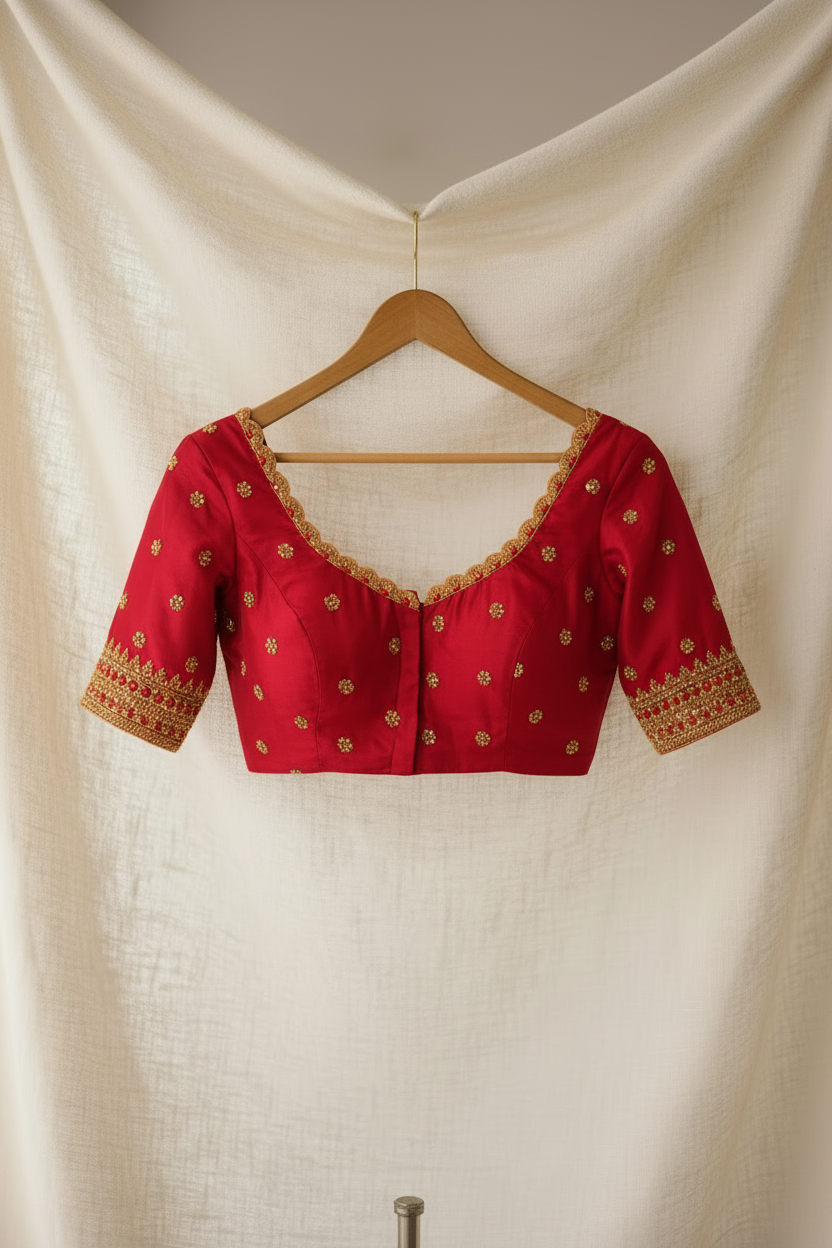 Red Embroidered Blouse Front on Hanger